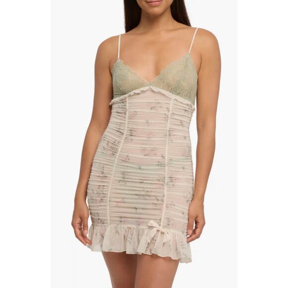 Rya Collection Andorra Floral Chemise Dress & Thong Set Ruched Sexy Lace Sheer L - Picture 1 of 13